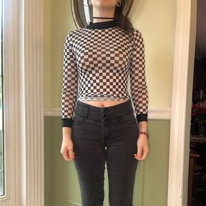 SHEIN checkered sheer 3/4 sleeve top